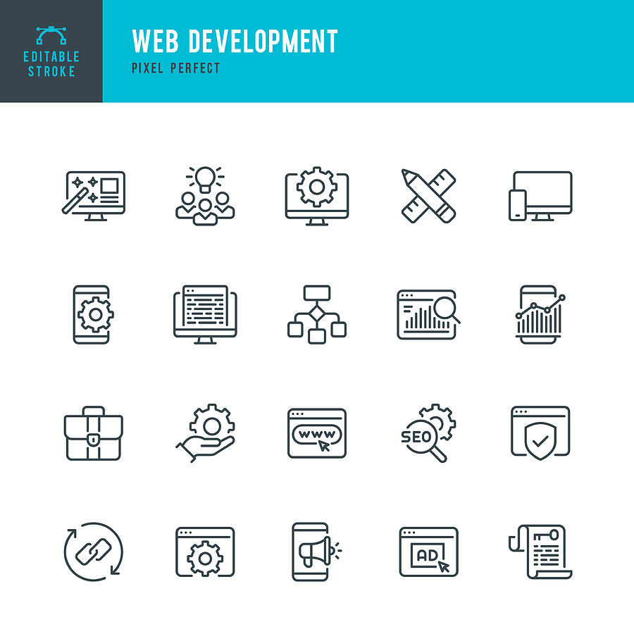 Web Development - thin line vector icon set. Pixel perfect. Editable stroke. The set contains icons: Web Design, Data Analyzing, Coding, SEO, Portfolio, Web Page, Creative Occupation. Drawing by Fonikum