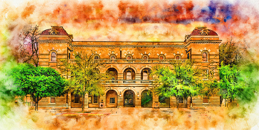 Webb County Courthouse in Laredo, Texas - pen and watercolor Digital Art by Nicko Prints