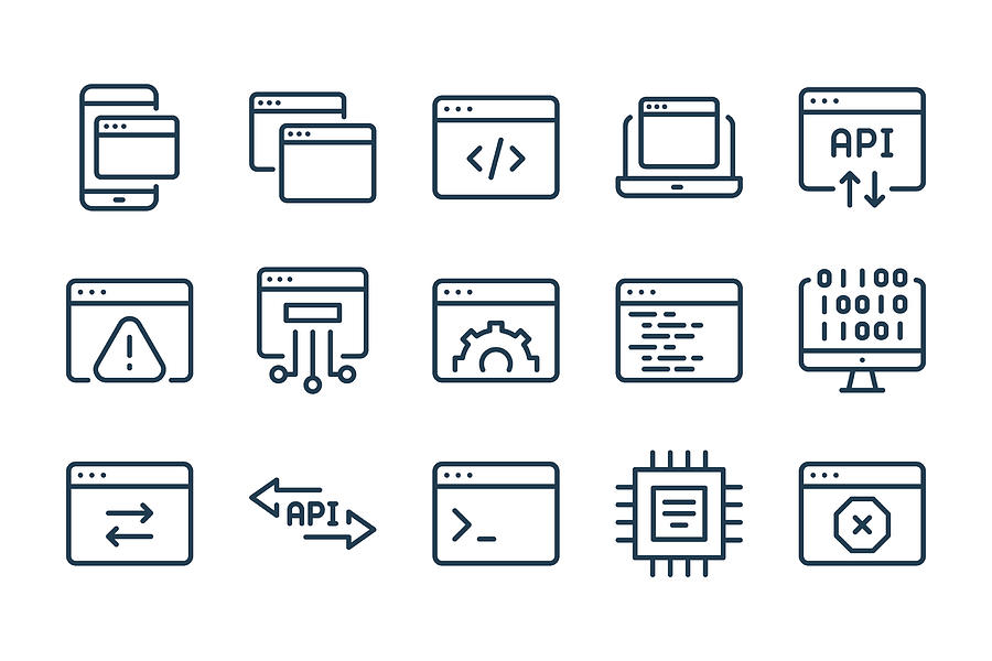 Website development and Web support services line icons. Hosting and Software Settings vector linear icon set. Drawing by Nikita Landin