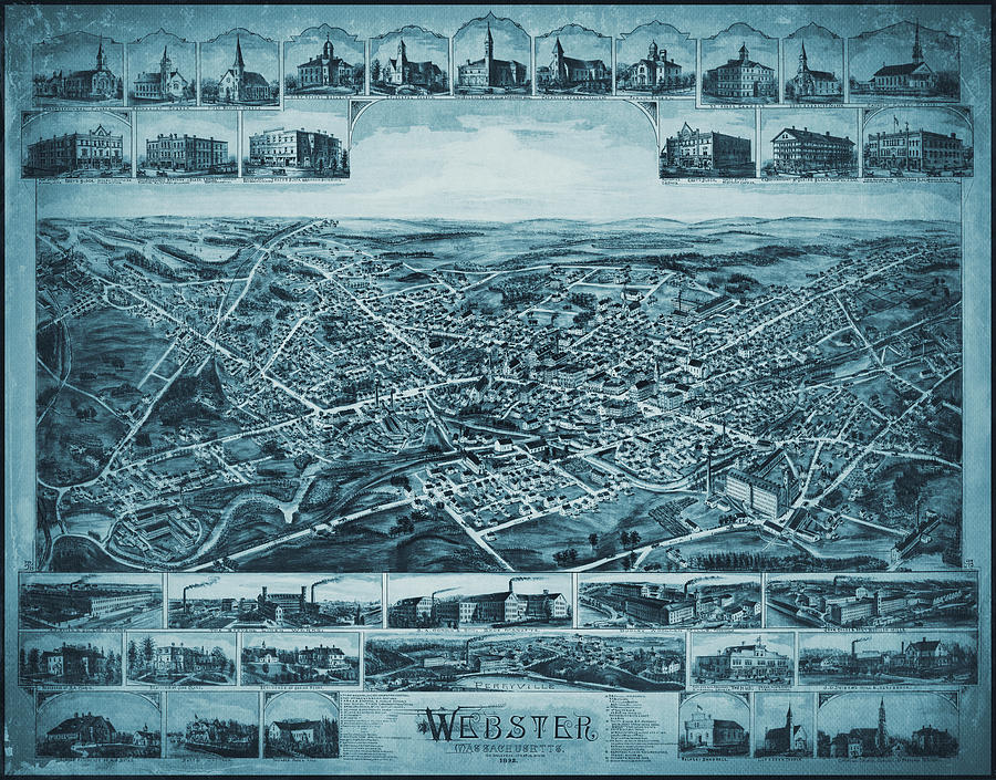 Webster Massachusetts Vintage Map Birds Eye View 1892 Blue Photograph By Carol Japp Fine Art 8498