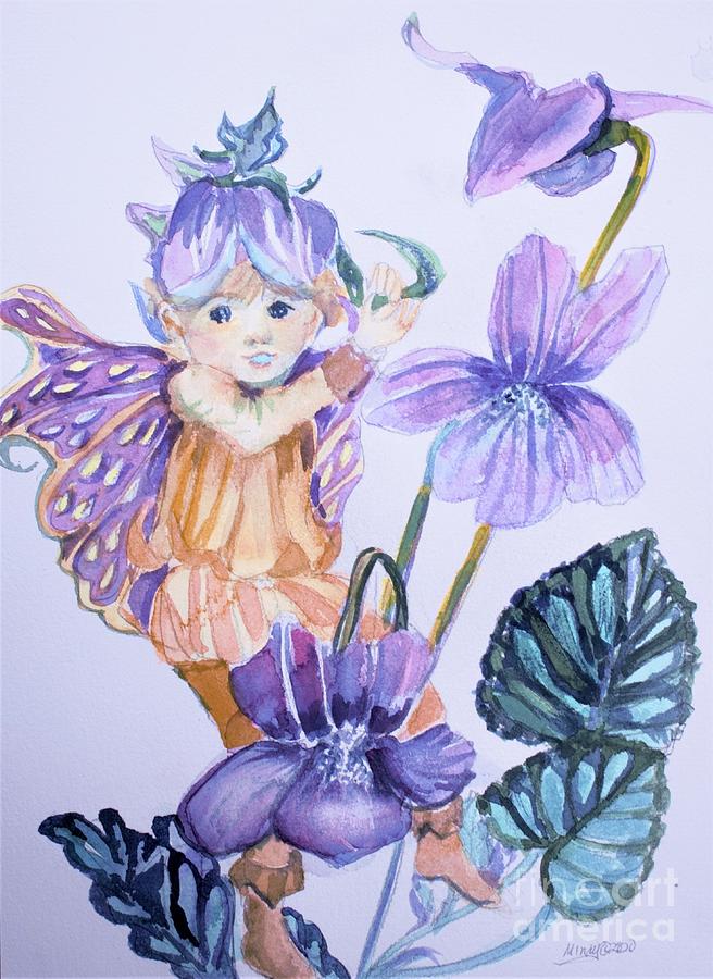 Wee Fairy of Violets Painting by Mindy Newman