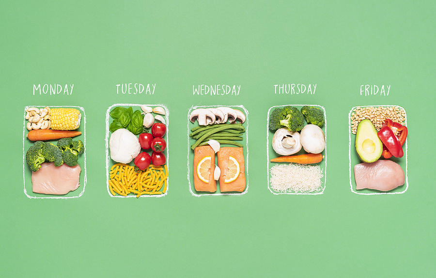 Weekly meal plan. Meal prep concept. Raw food ingredients in boxes Photograph by Say-Cheese