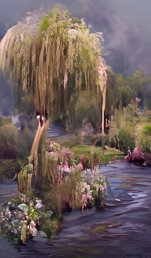 Weeping Willow by Stream Painting by Bonnie Bruno