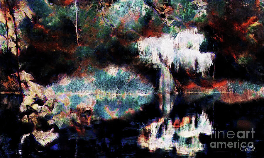Weeping willow over the lake - painting Digital Art by Chris Bee