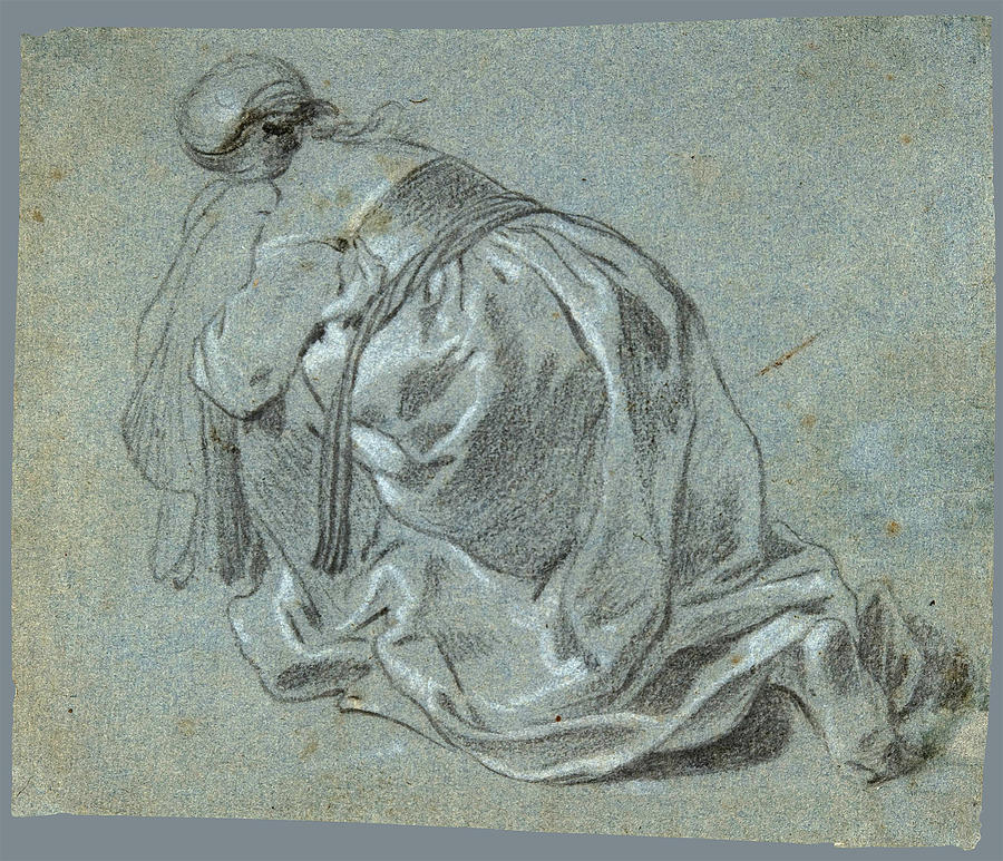 Weeping Woman Kneeling, Seen from Behind Drawing by Jacob Adriaensz Backer