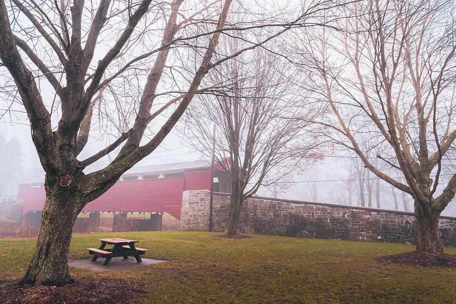Wehrs Covered Bridge and Trees in  December Fog Photograph by Jason Fink