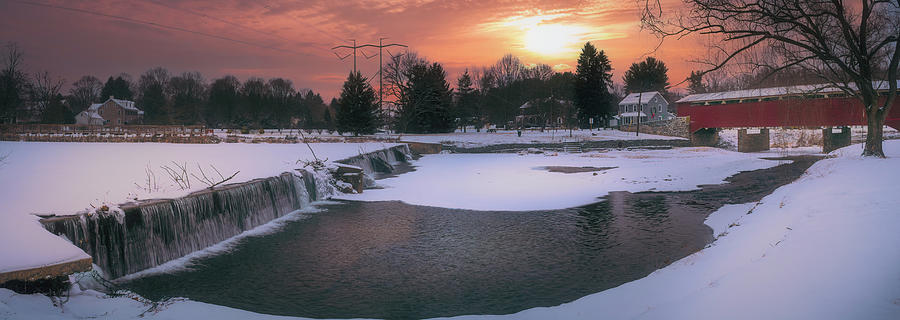 Wehrs Dam and The Covered Bridge - Winter Scene Photograph by Jason Fink