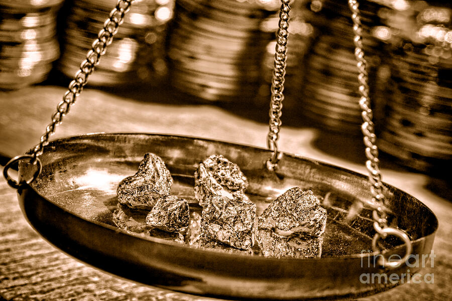 Weighing Gold - Sepia Photograph by American West Legend Weighing Gold - Sepia Photograph by American West Legend