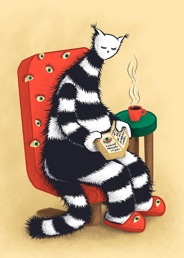 Coffee Digital Art - Weird Cat Reading At Home Book Lover by Boriana Giormova