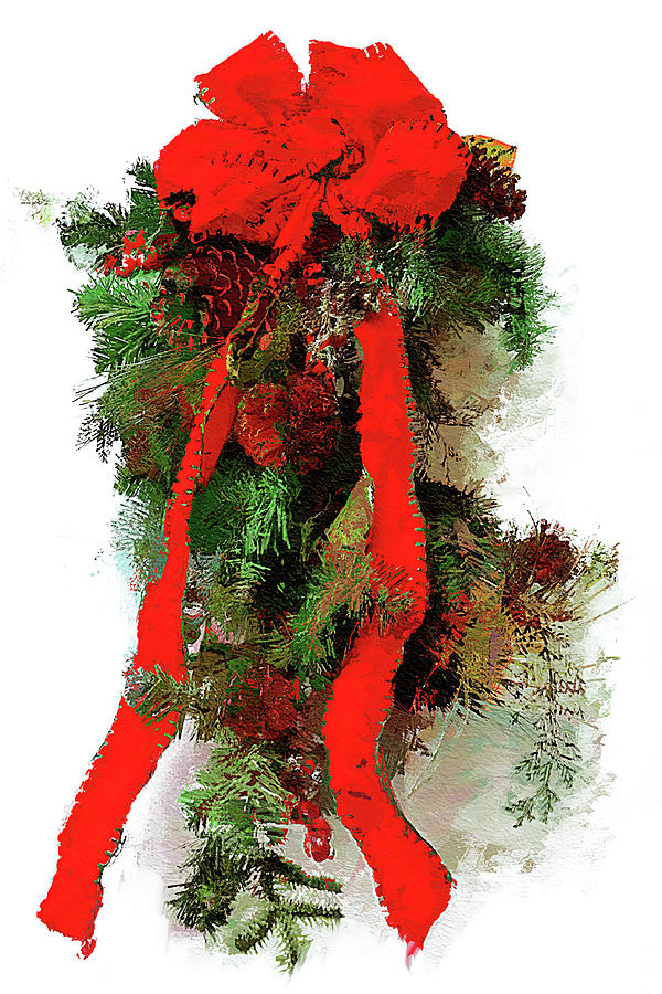 Christmas red ribbon decoration Mixed Media by Tatiana Travelways