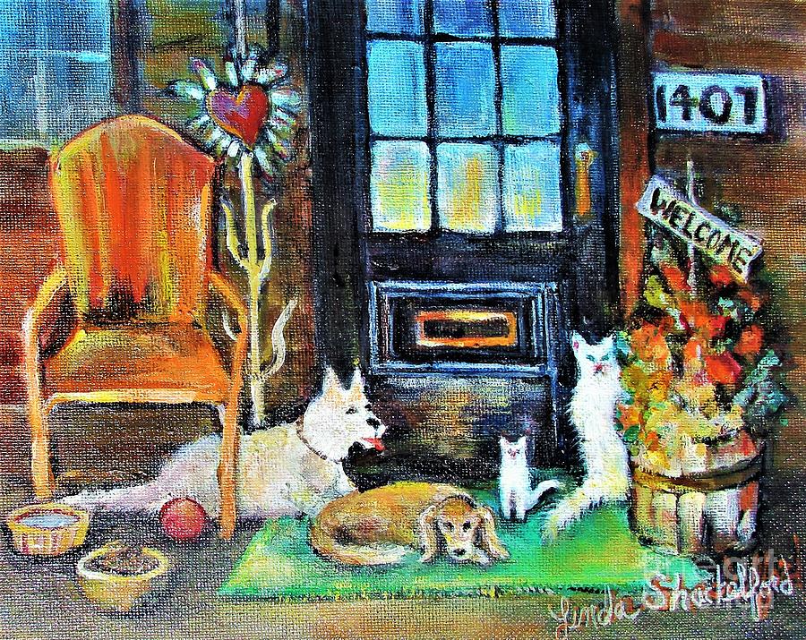 Welcome Porch Paws  Painting by Linda Shackelford