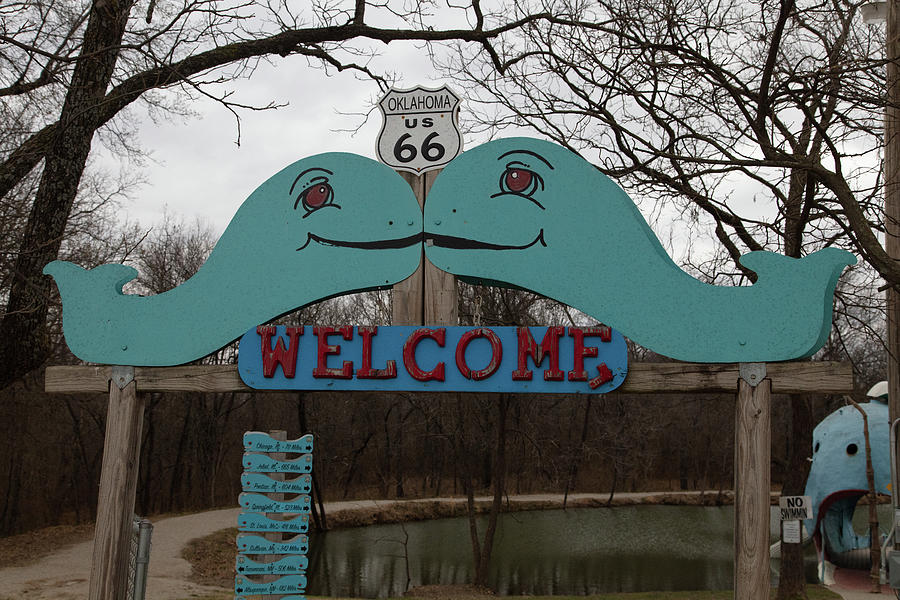 Welcome sign for the Blue Whale of Catoosa Oklahoma on Historic Route 66 Photograph by Eldon McGraw