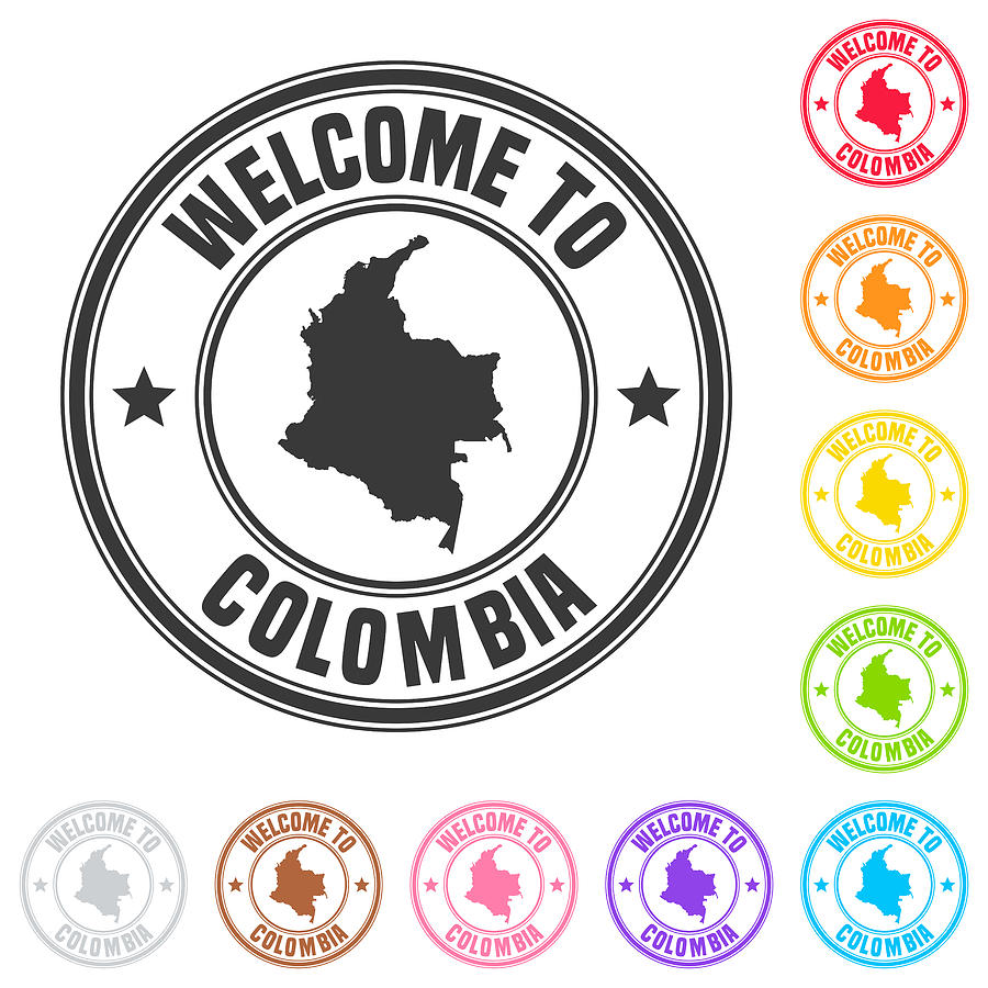 Welcome to Colombia stamp - Colorful badges on white background Drawing by Bgblue