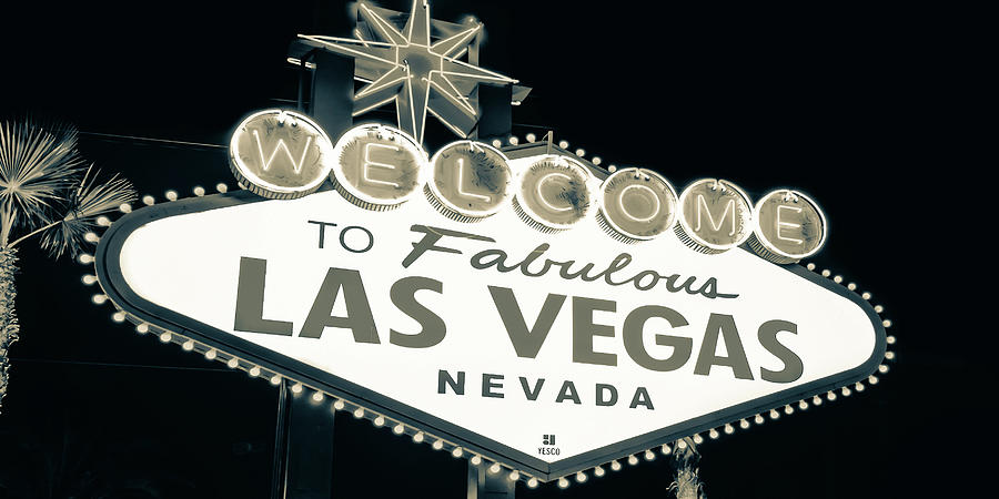 Las Vegas Sign Photograph - Welcome to Las Vegas Neon Sign Panorama in Sepia - Nevada USA by Gregory Ballos