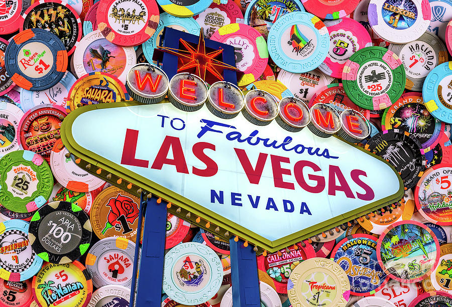 Welcome to Las Vegas Sign and Las Vegas Casino Chips Post Card Photograph by Aloha Art