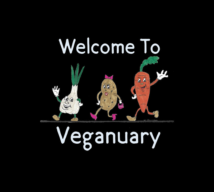 Welcome to Veganuary Light Blue Text Mixed Media by Ali Baucom