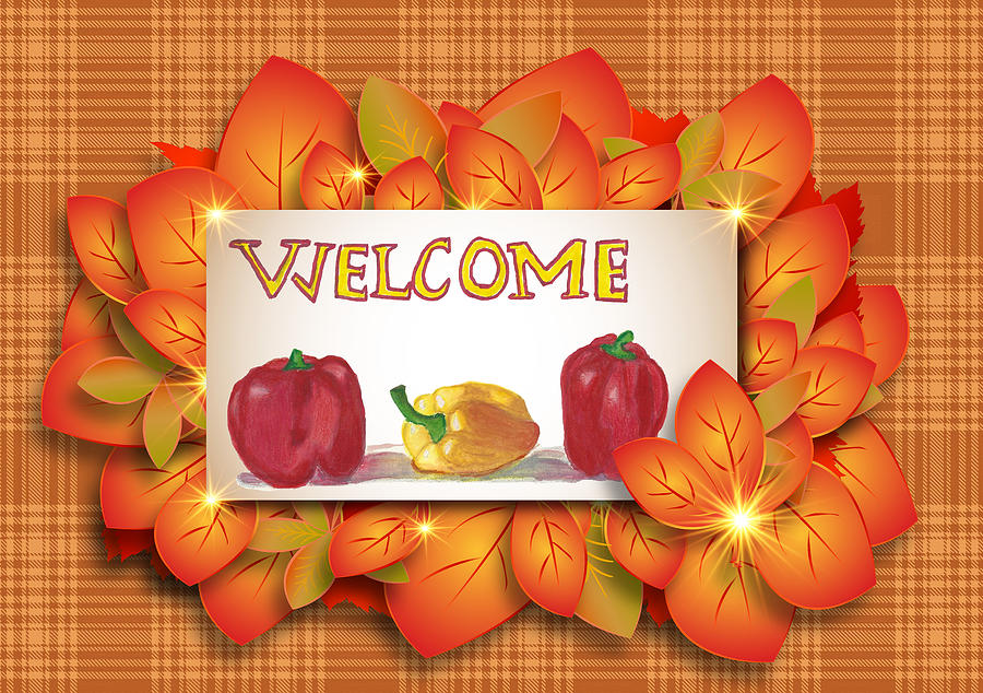 Welcome Watercolor Peppers with Orange Leaves on Orange Checkered Plaid Mixed Media by Ali Baucom