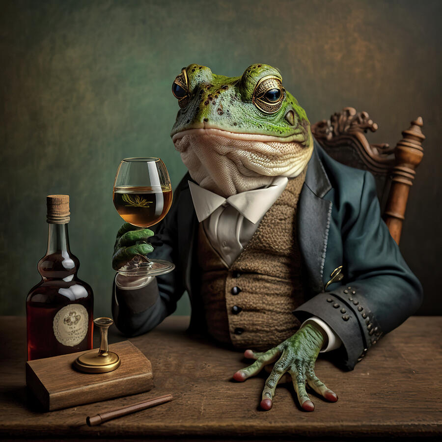 Well Dressed Frog Sitting at Table Having a Glass of Wine Digital Art by Jim Vallee