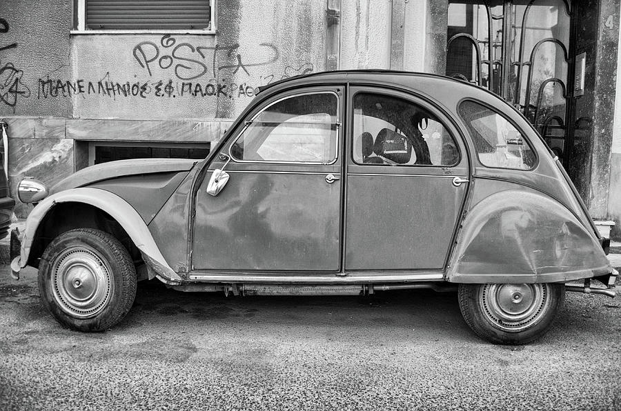  Well Loved Citroen 2CV on the streets of Athens Greece Black and White Photograph by Shawn OBrien