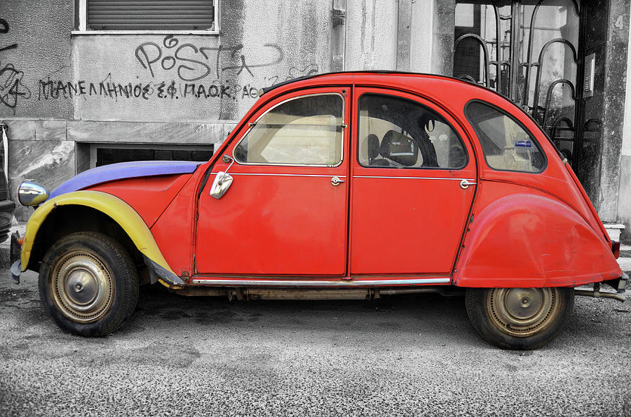  Well Loved Citroen 2CV on the streets of Athens Greece Color Splash Black and White Photograph by Shawn OBrien