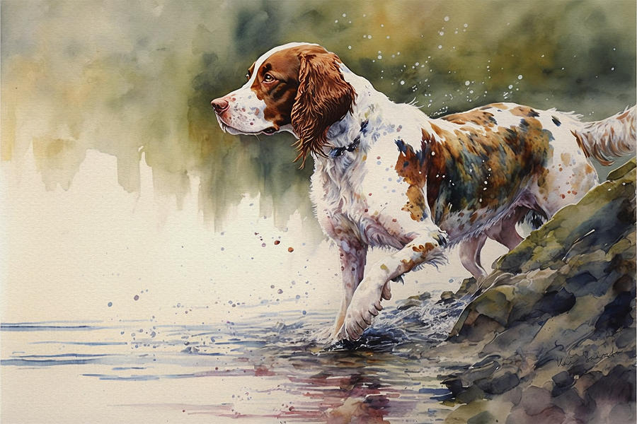 Welsh Springer Spaniel by the River Painting by Kai Saarto