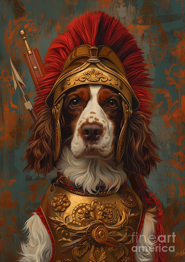 Dog Painting - Welsh Springer Spaniel - wearing the attire of a Roman game flusher, energetic and cheerful by Adrien Efren