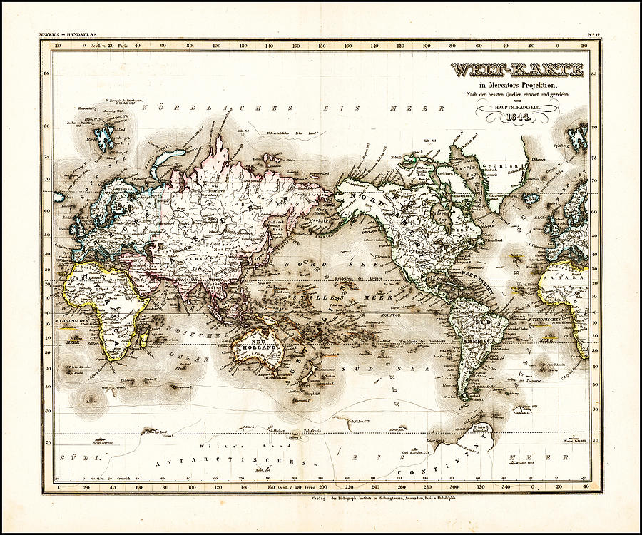Welt Karte in Mercators Projektion. Nach den bessten Quellen entworf. und gezeichn . . . 1844 Joseph Painting by MotionAge Designs