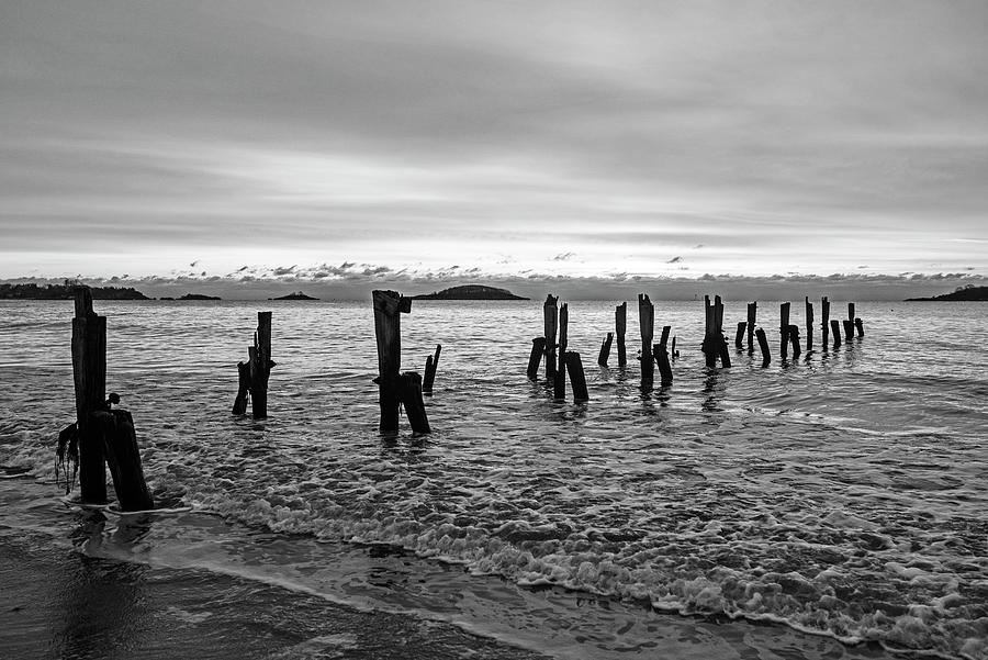 West Beach Vibrant Sunrise over the Pilings Beverly Massachusetts Black and White Photograph by Toby McGuire