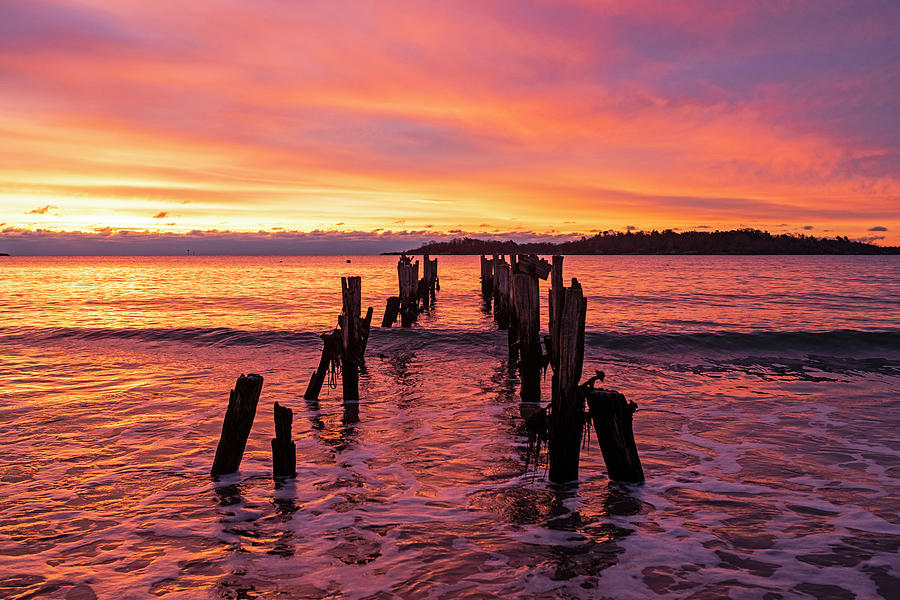 West Beach Vibrant Sunrise through the Pilings Beverly Massachusetts Morning Photograph by Toby McGuire