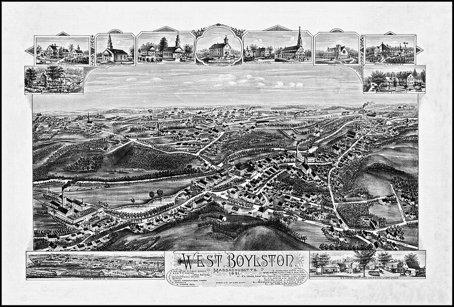 West Boylston Massachusetts Vintage Map Birds Eye View 1891 Black and ...