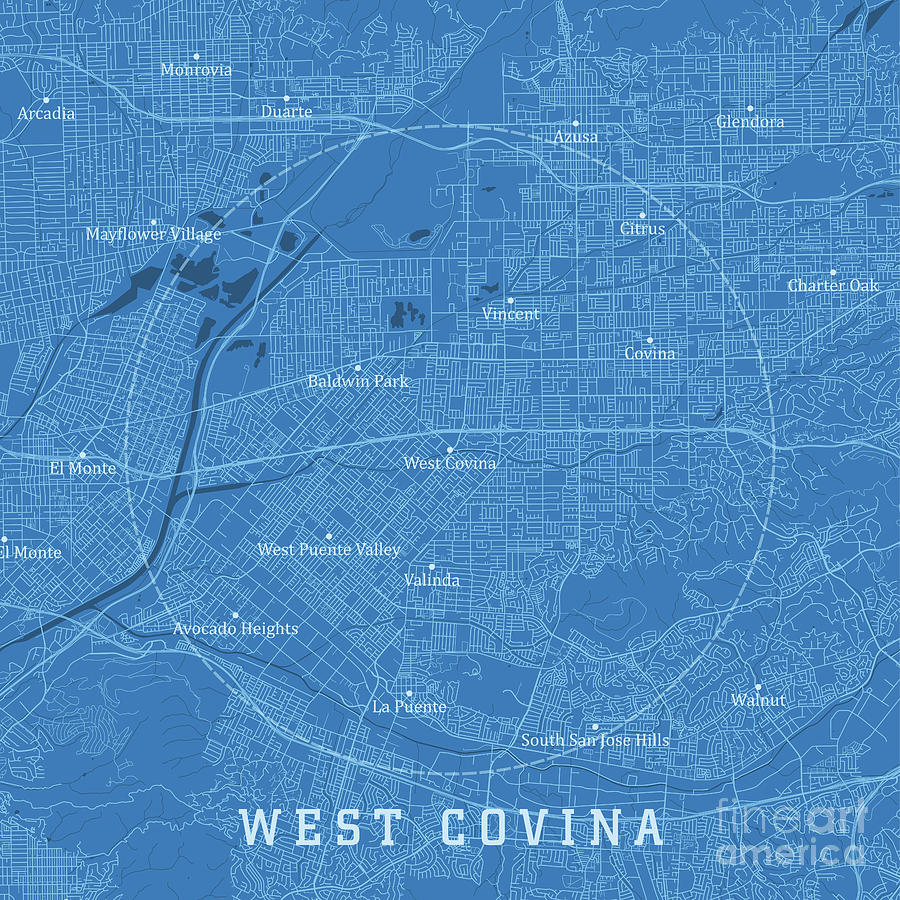 West Covina CA City Vector Road Map Blue Text Digital Art by Frank ...