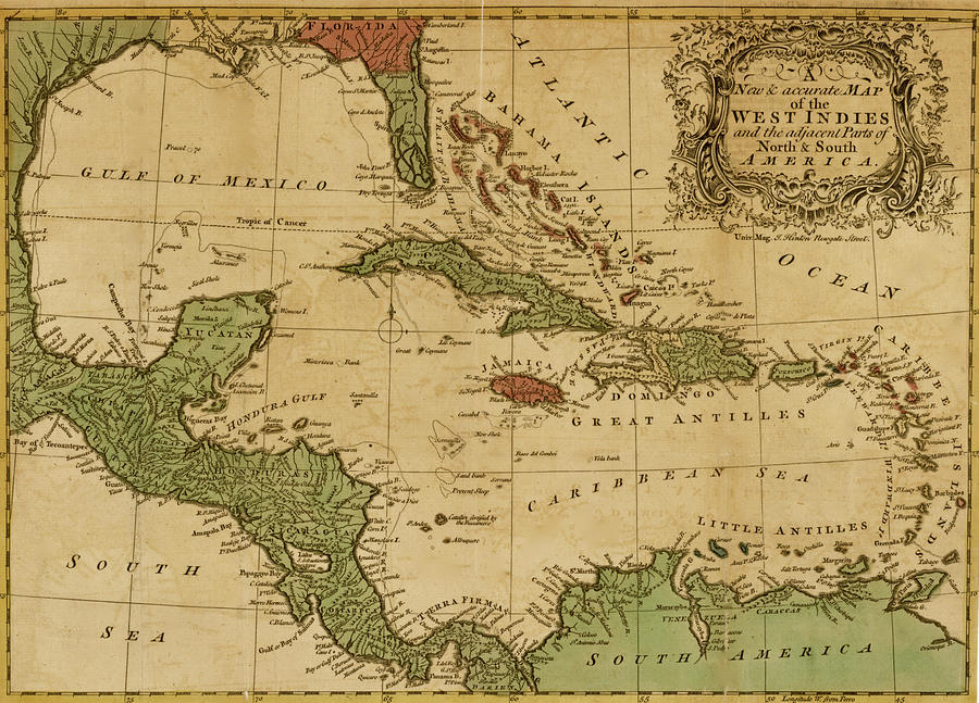 Map Drawing - West Indies and the adjacent parts of North and South America 1755 by Vintage Maps