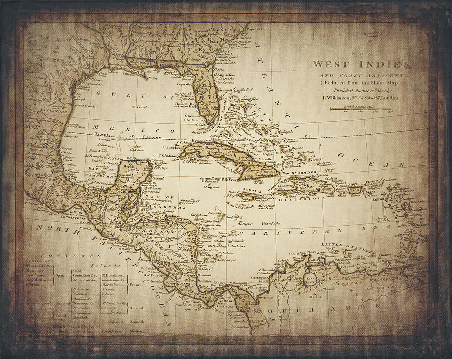 Vintage Photograph - West Indies Vintage Map 1804 Sepia  by Carol Japp