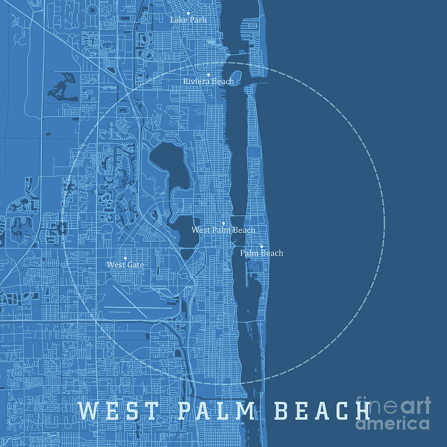 West Palm Beach FL City Vector Road Map Blue Text Digital Art By Frank ...