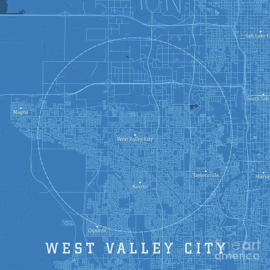 West Valley City UT City Vector Road Map Blue Text Digital Art by Frank