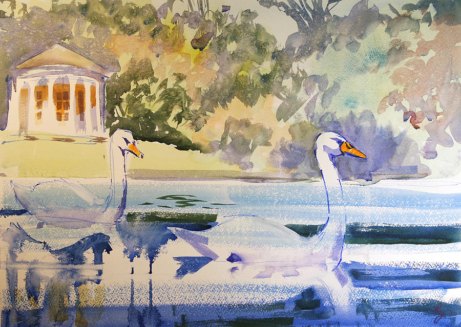West Wycombe Park Music Hall Folly Swans Lake Painting Painting by Mike Jory