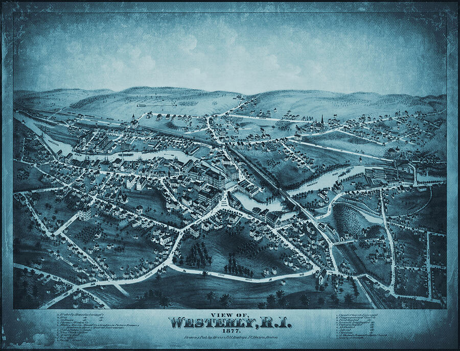 Westerly Rhode Island Vintage Map Aerial View 1877 Blue Drawing by Carol Japp Fine Art America