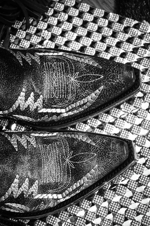 Western Boots on Textured Rug, bxw Photograph by Mary Tastad Western Boots on Textured Rug, bxw Photograph by Mary Tastad