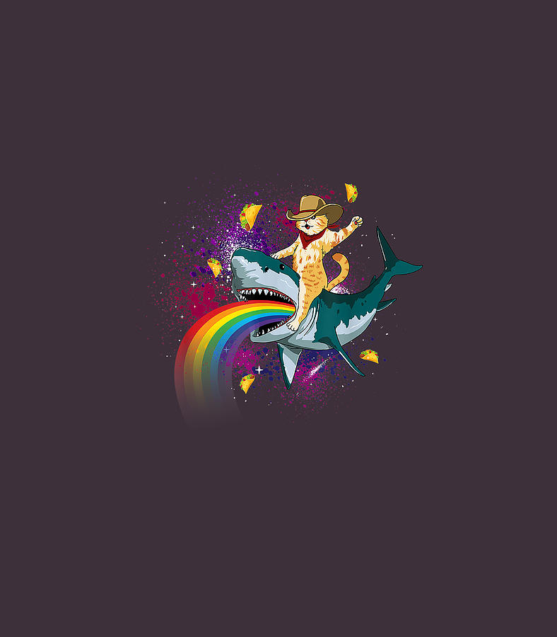 Western Cowboy Cat Riding A Shark In Taco Space Rainbow Digital Art by ...