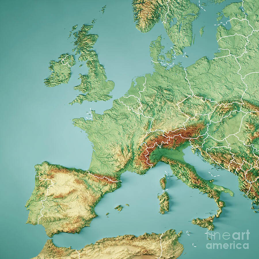 Western Europe 3D Render Topographic Map Color Border Digital Art by ...