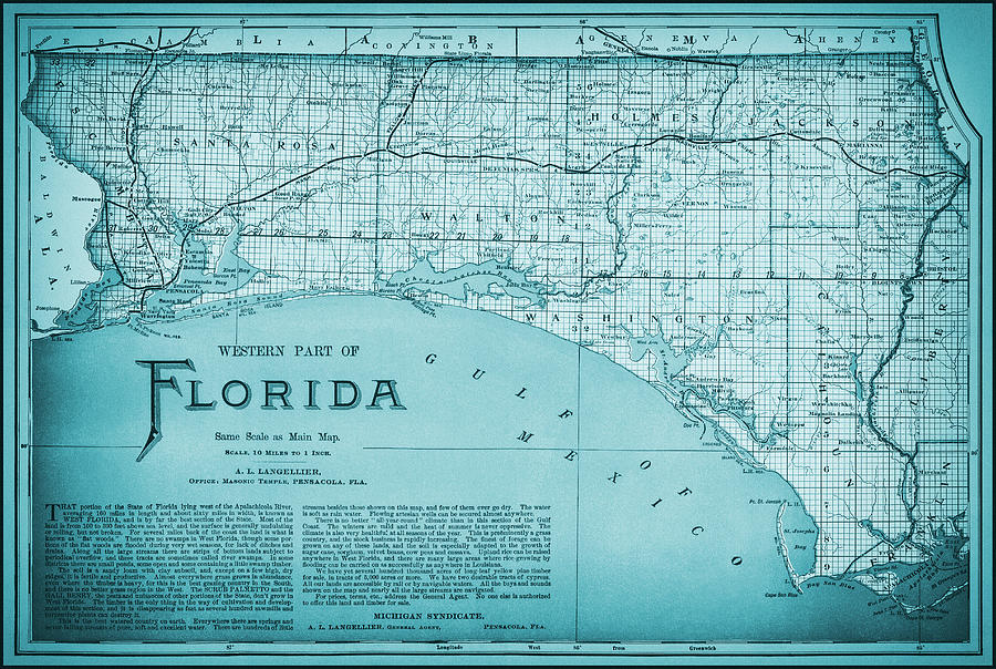Western Florida Vintage Map 1890 Ocean Blue  Photograph by Carol Japp