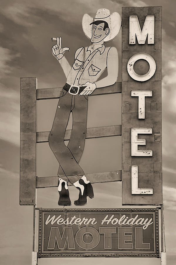 Western Holiday Motel Black and White Photograph by JC Findley