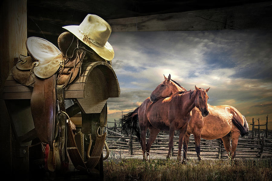 Western Horse Saddle and Cowboy Hat with Horses Photograph by Randall Nyhof