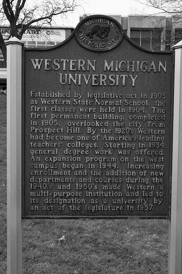 Western Michigan University historical marker in black and white Photograph by Eldon McGraw