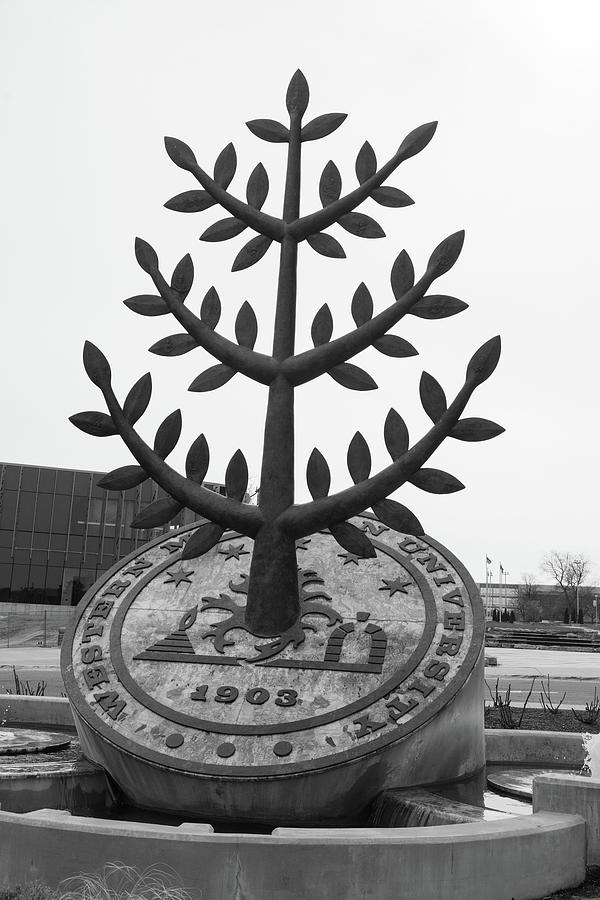 Western Michigan University Seal statue on campus in black and white Photograph by Eldon McGraw