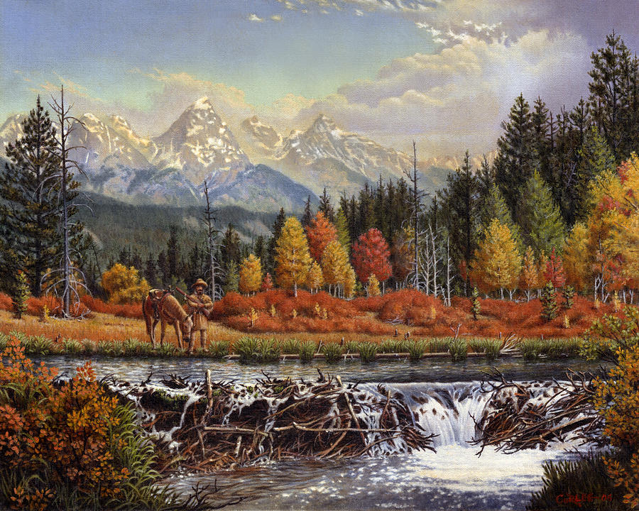 Western Mountain Landscape Autumn Mountain Man Trapper Beaver Dam Frontier Americana Oil Painting Painting By Walt Curlee