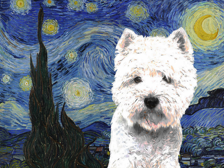Westie West Highland White Terrier Art Starry Night Van Gogh Westie Dog Print Original Westie Painting by Sandra Sij