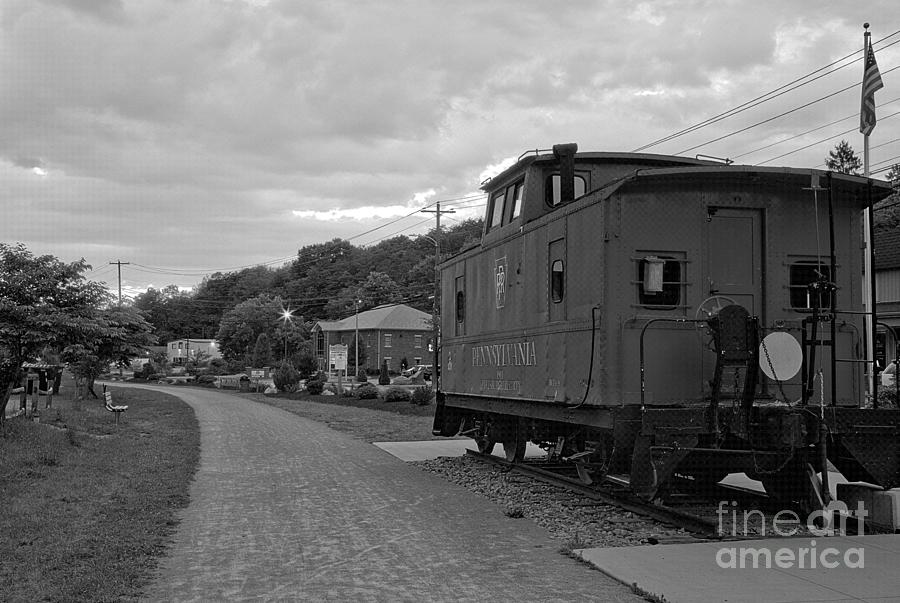 Westmoreland Heritage Trail Sunset Over The Caboose Black And White Photograph by Adam Jewell