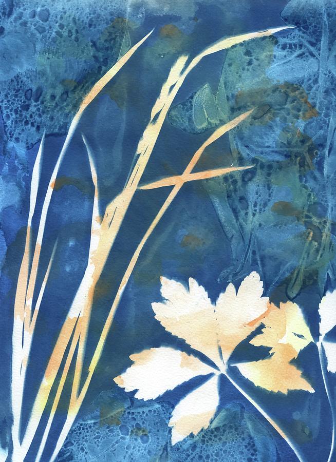 Nature Photograph - Wet cyanotype grass leaf botanical blue by Jane Linders