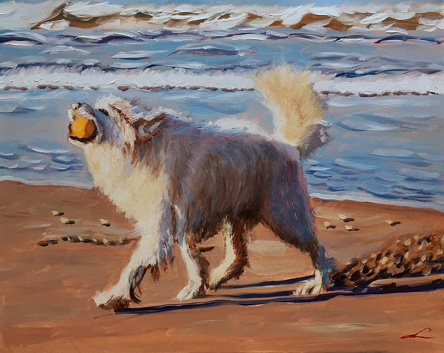 Beach Painting - Wet dog with a ball by Elena Sokolova